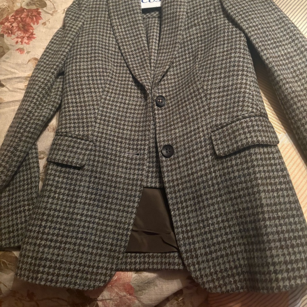 J. Crew Green and Gray Houndstooth Wool Blazer